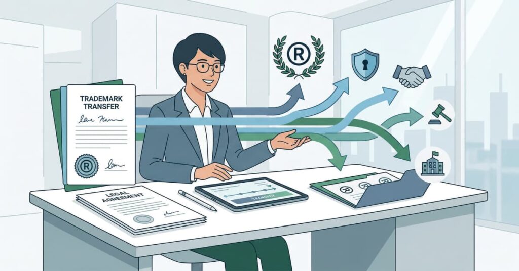 Ilustración sobre vender una marca registrada mostrando la transferencia legal y el acuerdo entre empresas